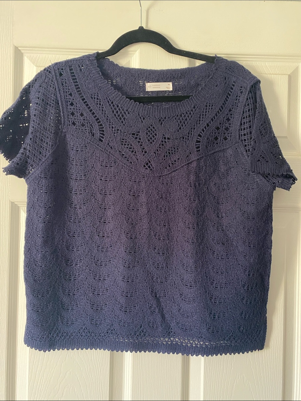 LC Lauren Conrad Navy Short-Sleeve Crochet Knit Top
